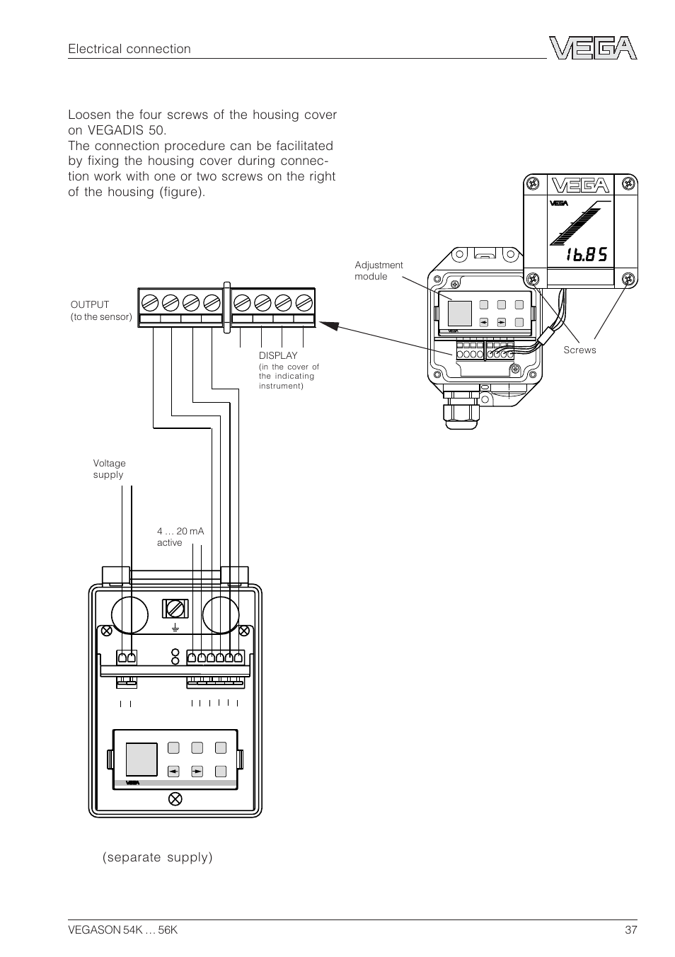 Four-wire sensor, Electrical connection, Vegadis 50 | Separate supply) | VEGA VEGASON 54K…56K User Manual | Page 37 / 48