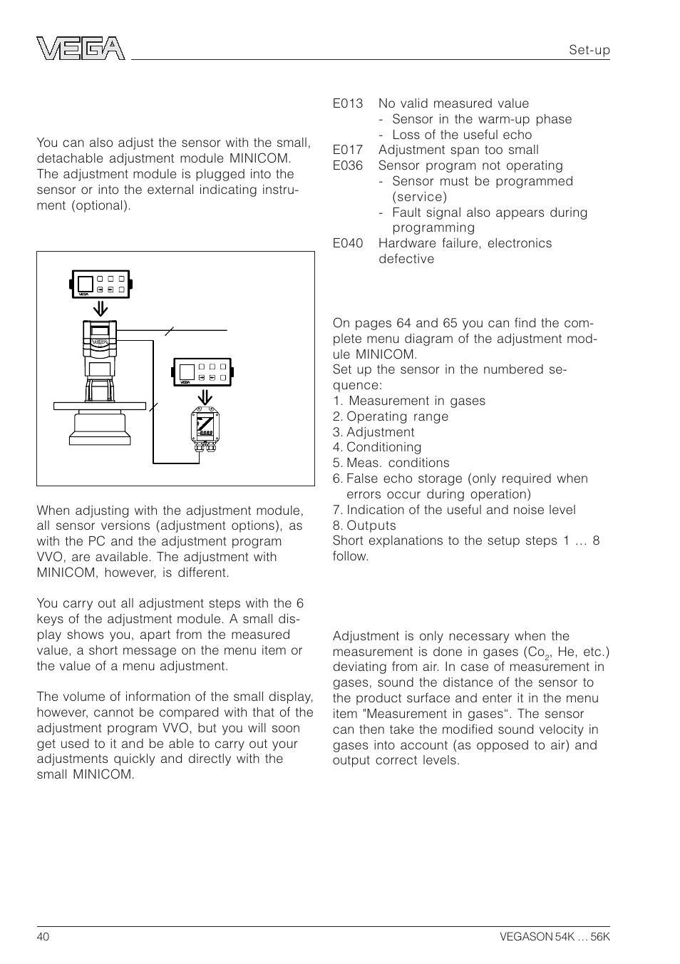 3 adjustment with adjustment module minicom, Adjustment steps, Measurement in gases | VEGA VEGASON 54K…56K User Manual | Page 40 / 48