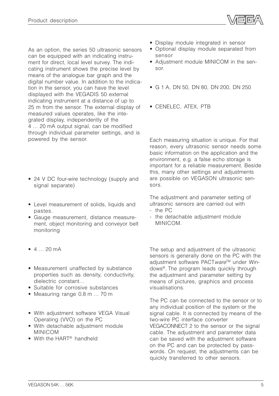 2 application features, 3 adjustment | VEGA VEGASON 54K…56K User Manual | Page 5 / 48