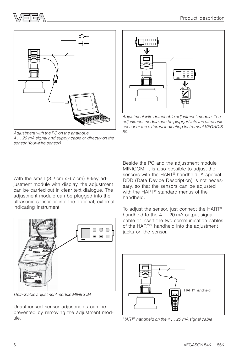Adjustment with adjustment module minicom, Adjustment with hart, Handheld | Product description, Handheld into the adjustment jacks on the sensor | VEGA VEGASON 54K…56K User Manual | Page 6 / 48