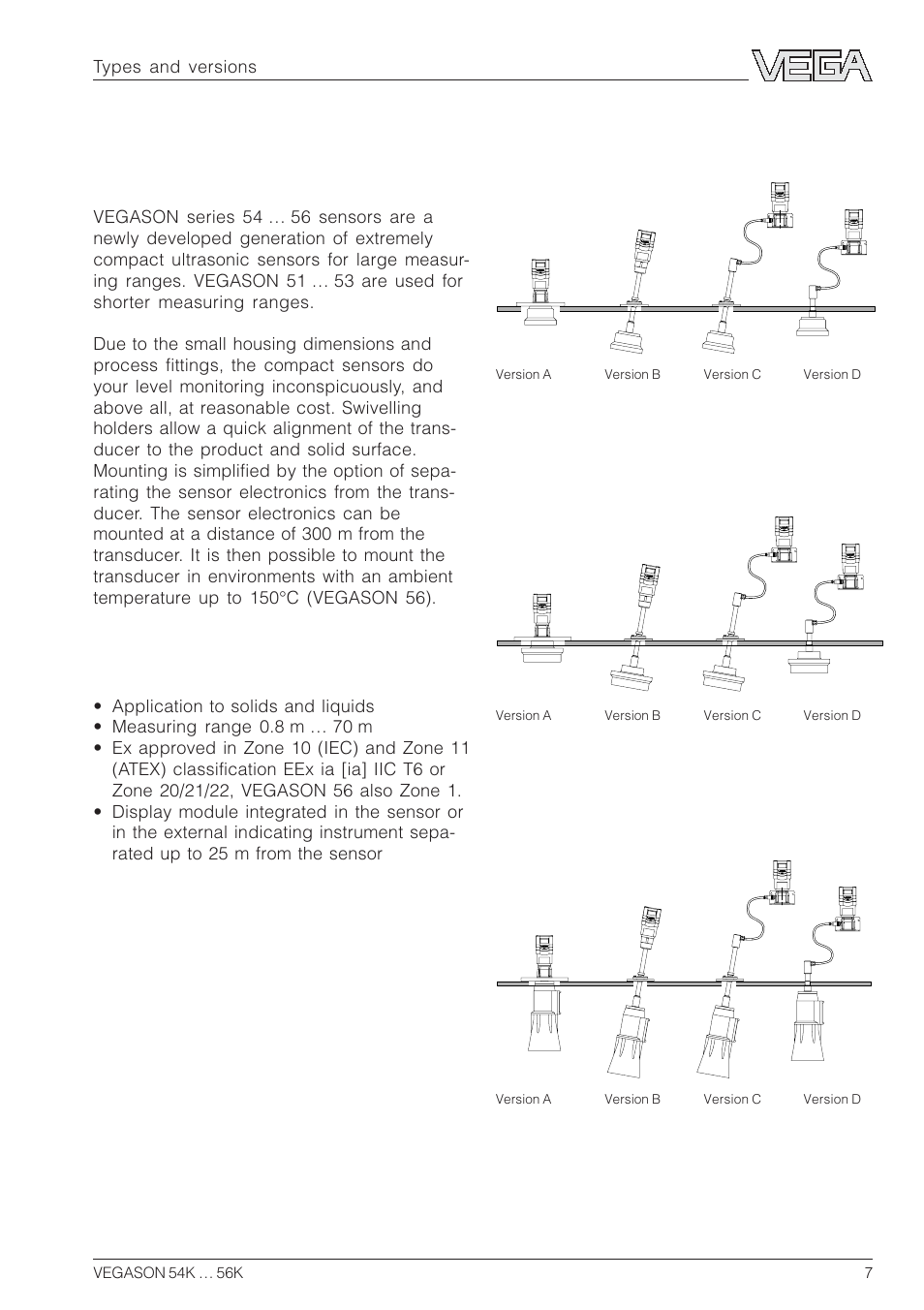 2 types and versions, 1 type survey, Common features | VEGA VEGASON 54K…56K User Manual | Page 7 / 48