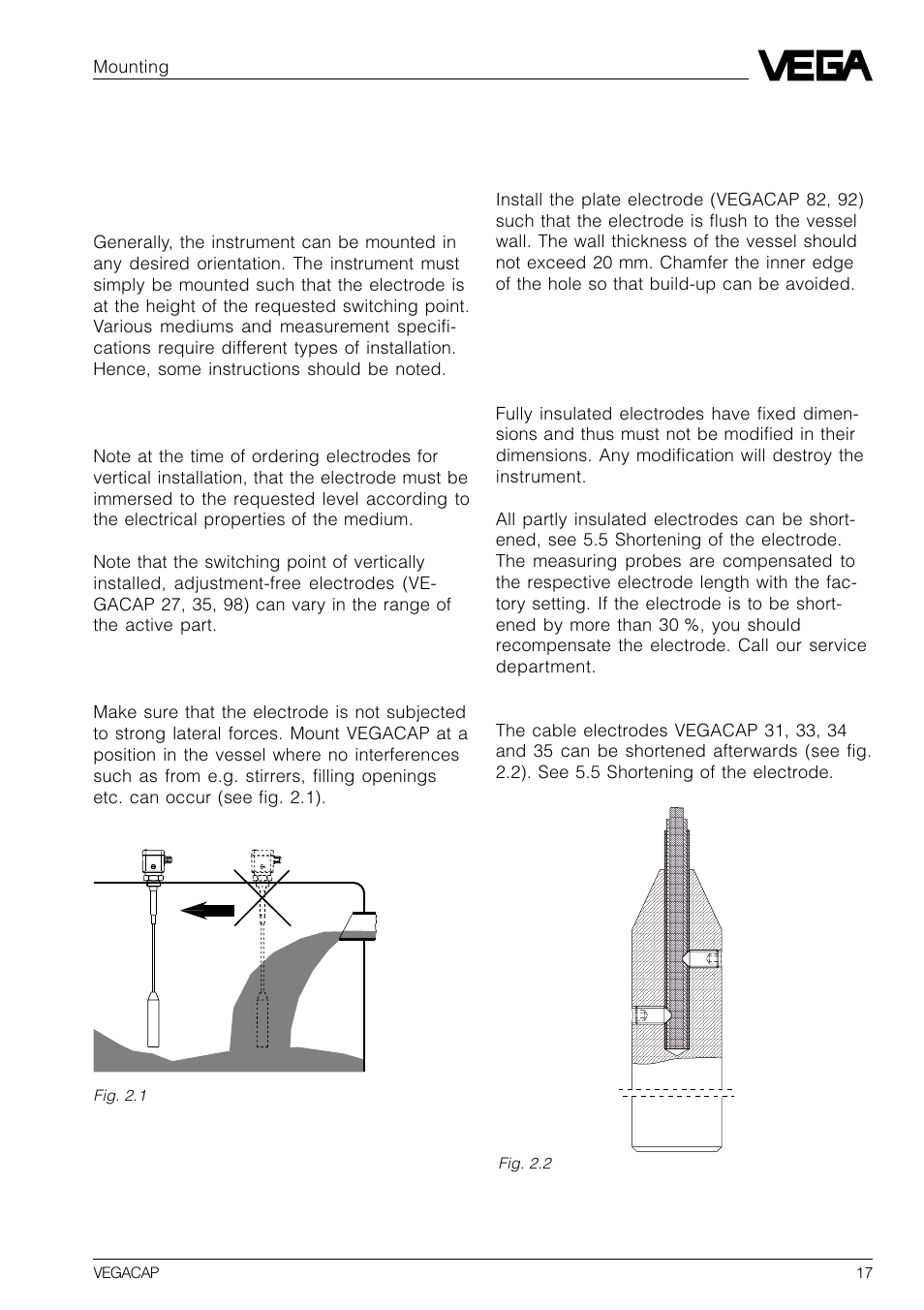 2 mounting, 1 mounting instructions, General | Length of the electrode, Lateral load, Plate electrode, Shortening of the electrode, Mounting | VEGA VEGACAP 82-98 User Manual | Page 17 / 36