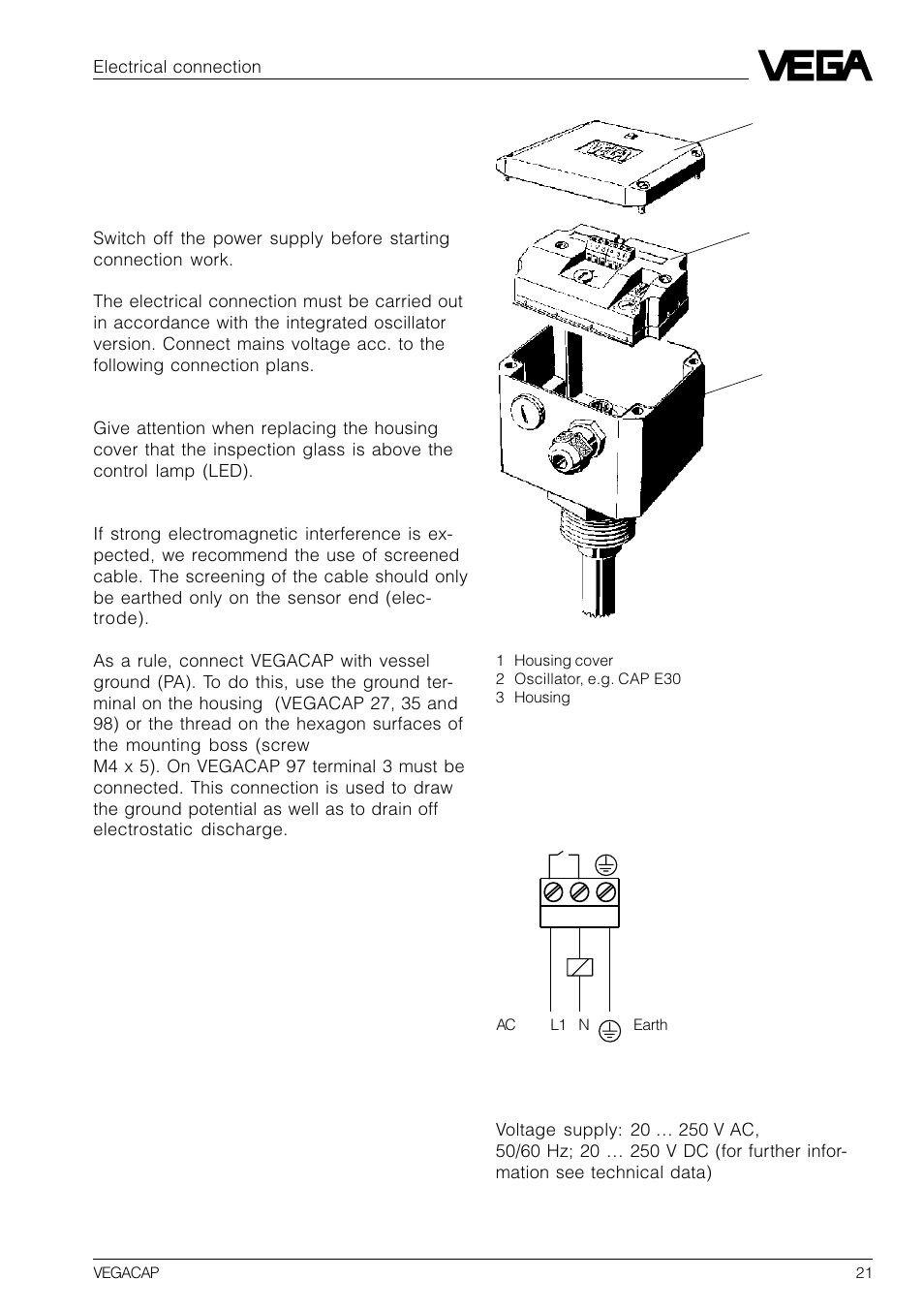 3 electrical connection, 1 connection instructions, 2 connection plan | VEGA VEGACAP 82-98 User Manual | Page 21 / 36