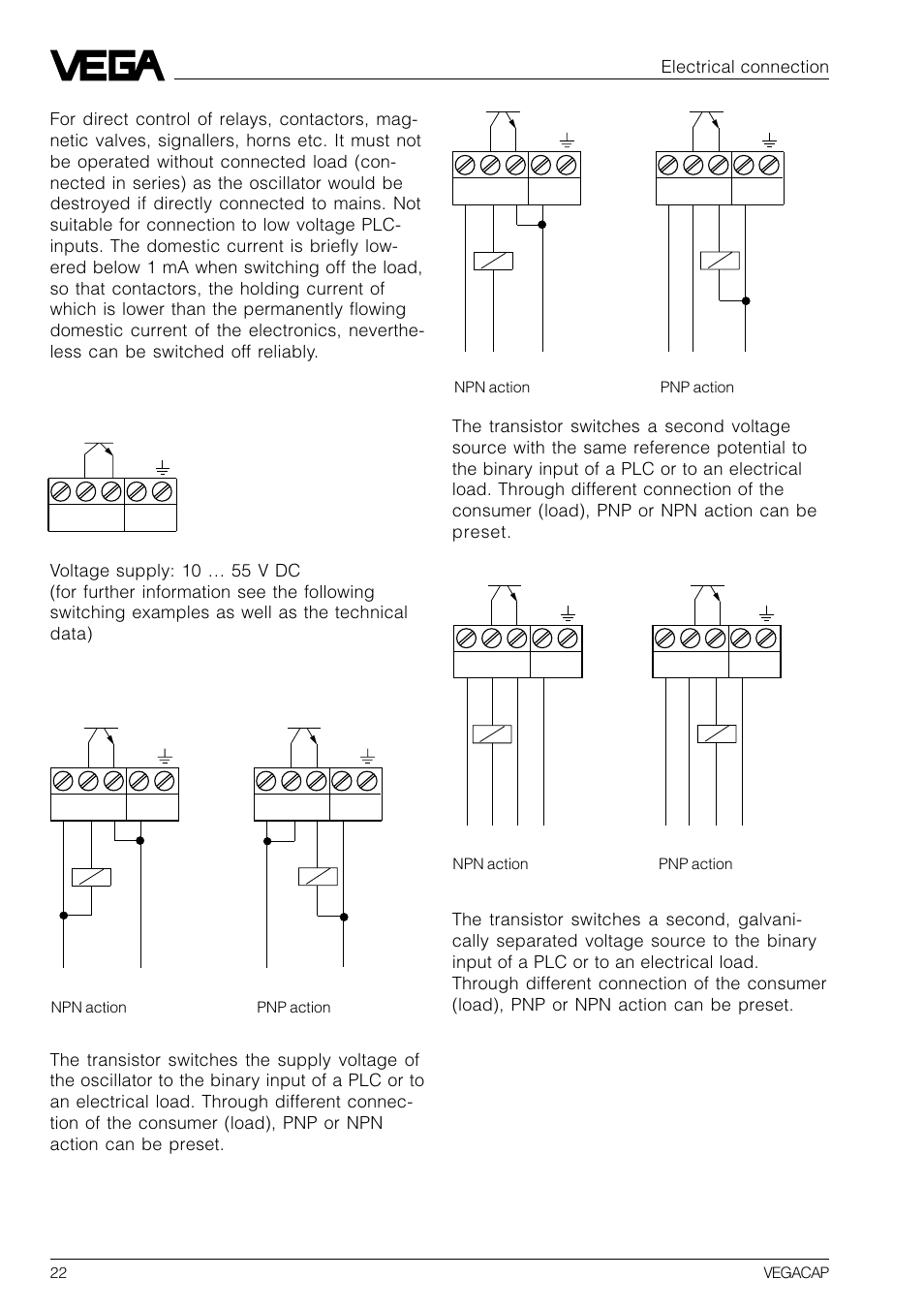 Floating transistor output (cap e30 t), Switching examples | VEGA VEGACAP 82-98 User Manual | Page 22 / 36