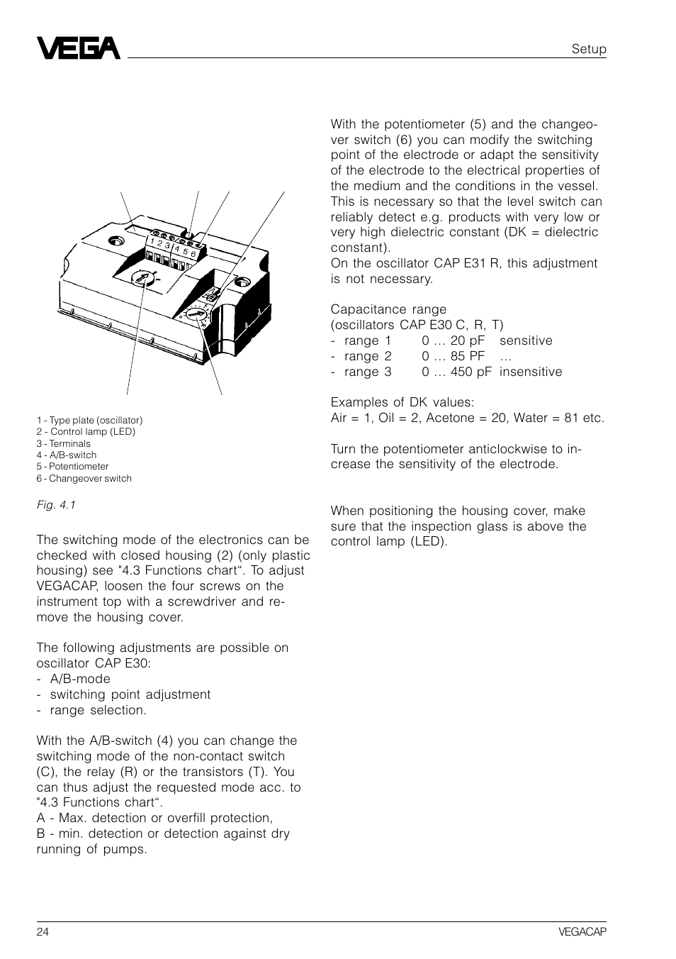 4 setup, 1 adjustment elements | VEGA VEGACAP 82-98 User Manual | Page 24 / 36