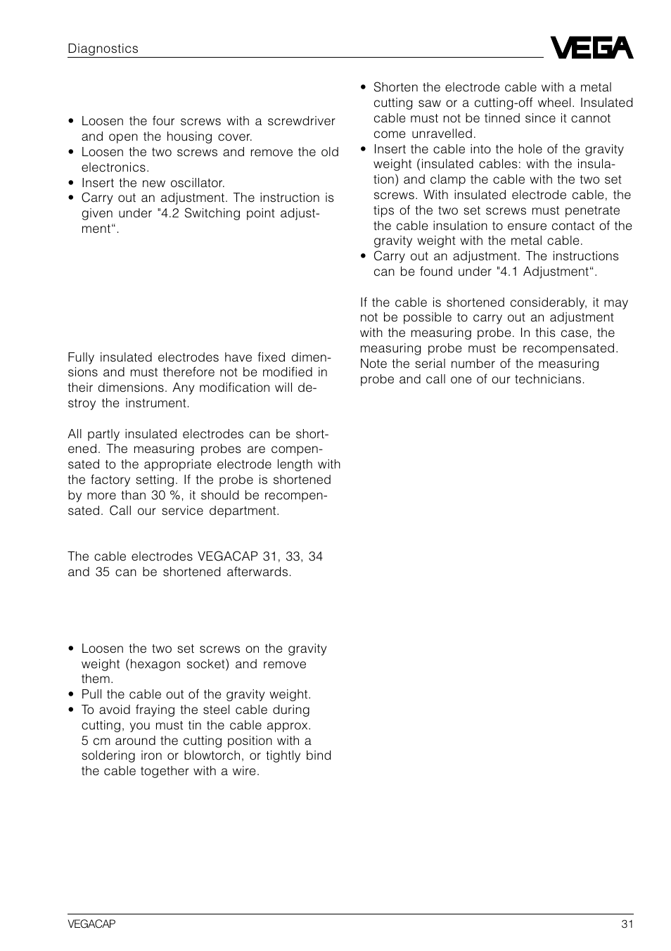 4 exchange of electronics, 5 shortening of the electrodes | VEGA VEGACAP 82-98 User Manual | Page 31 / 36