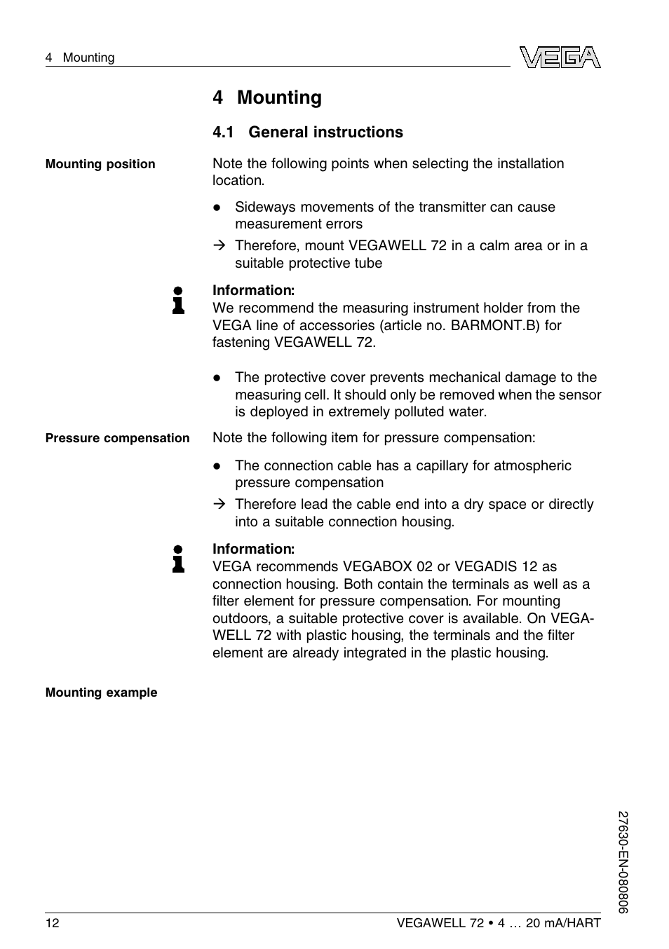 4 mounting, 1 general instructions, 4 m ounting | VEGA VEGAWELL 72 4 … 20 mA_HART User Manual | Page 12 / 44