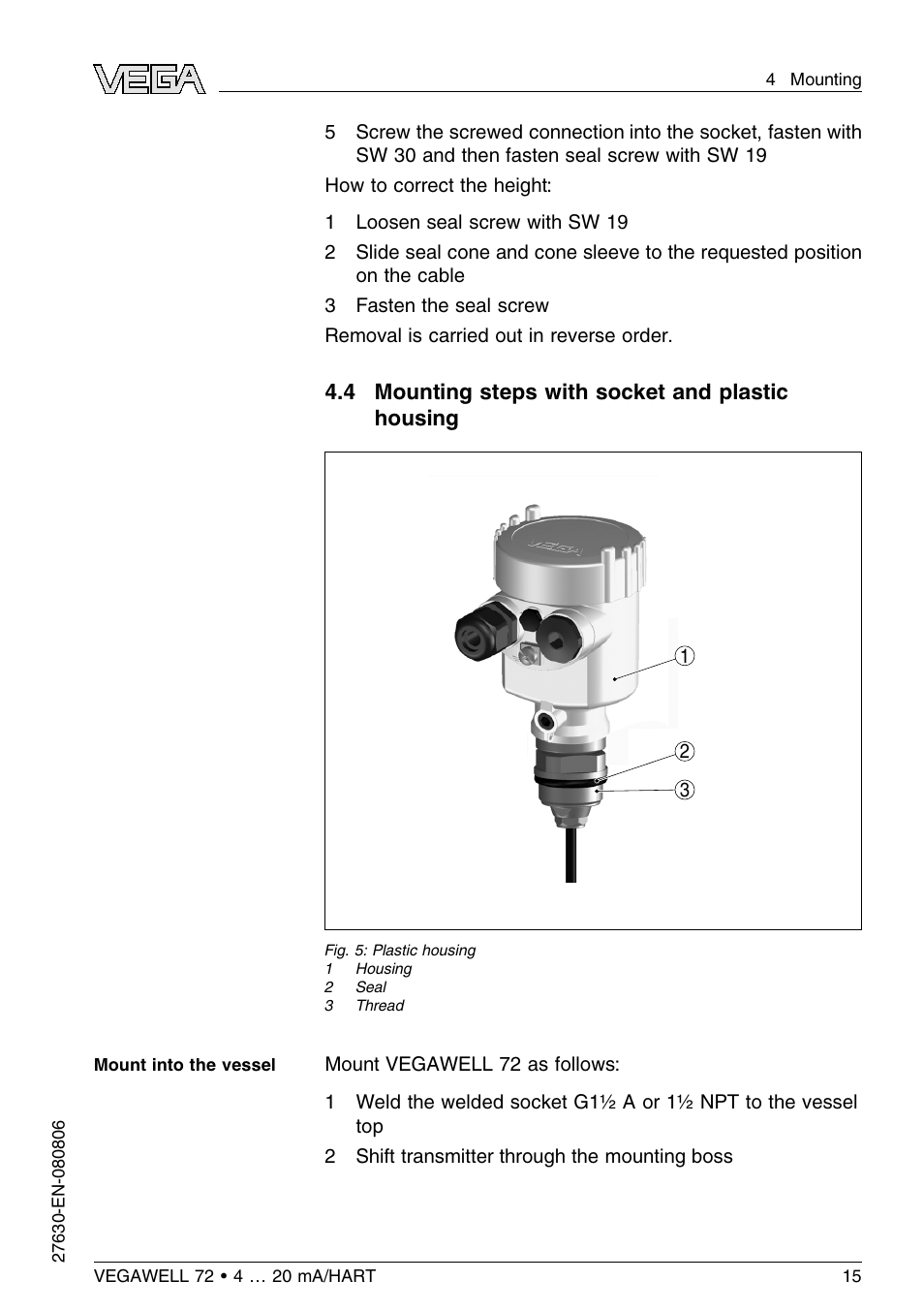 4 mounting steps with socket and plastic housing | VEGA VEGAWELL 72 4 … 20 mA_HART User Manual | Page 15 / 44