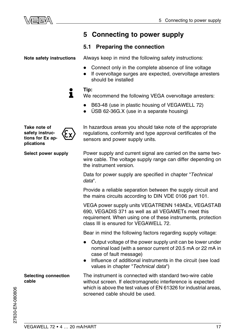 5 connecting to power supply, 1 preparing the connection, 5 c onnecting to power supply | VEGA VEGAWELL 72 4 … 20 mA_HART User Manual | Page 17 / 44