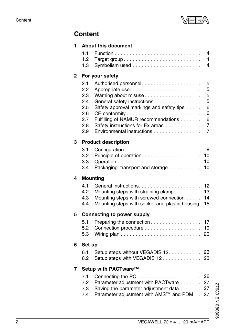 Content | VEGA VEGAWELL 72 4 … 20 mA_HART User Manual | Page 2 / 44
