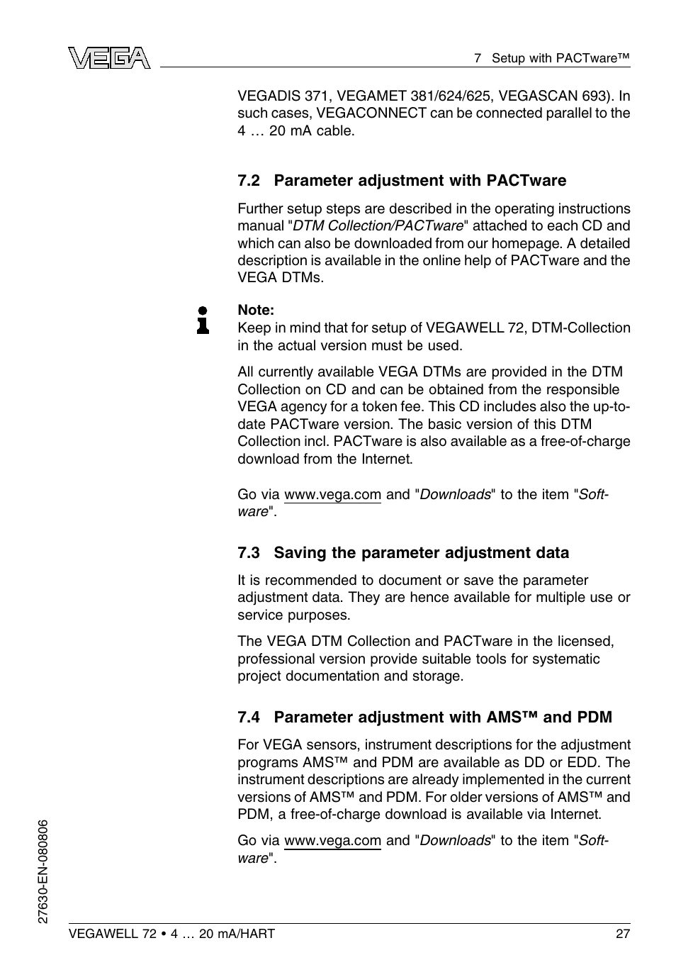 2 parameter adjustment with pactware, 3 saving the parameter adjustment data, 4 parameter adjustment with ams™ and pdm | VEGA VEGAWELL 72 4 … 20 mA_HART User Manual | Page 27 / 44