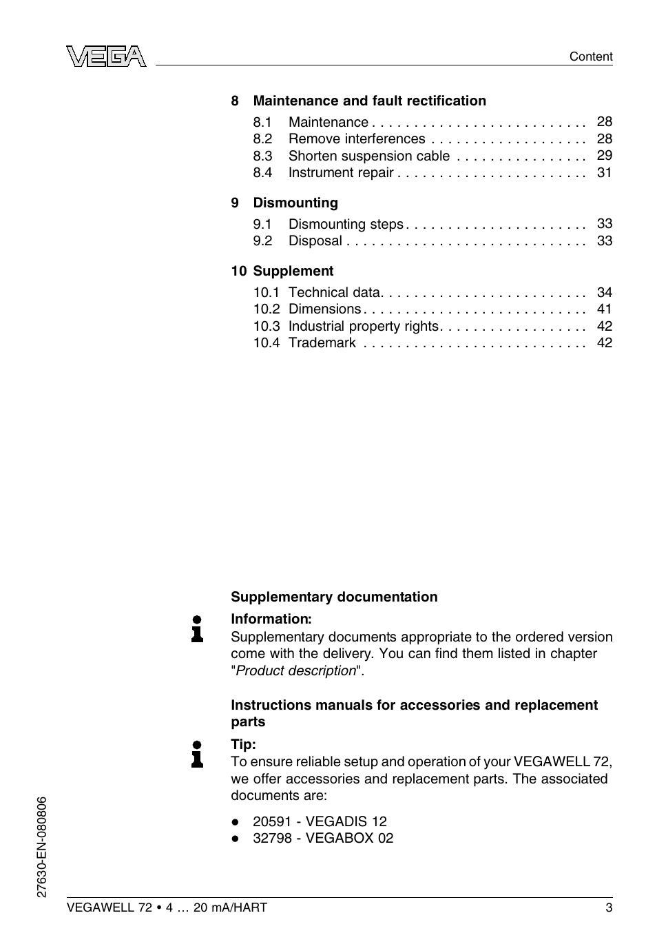 VEGA VEGAWELL 72 4 … 20 mA_HART User Manual | Page 3 / 44