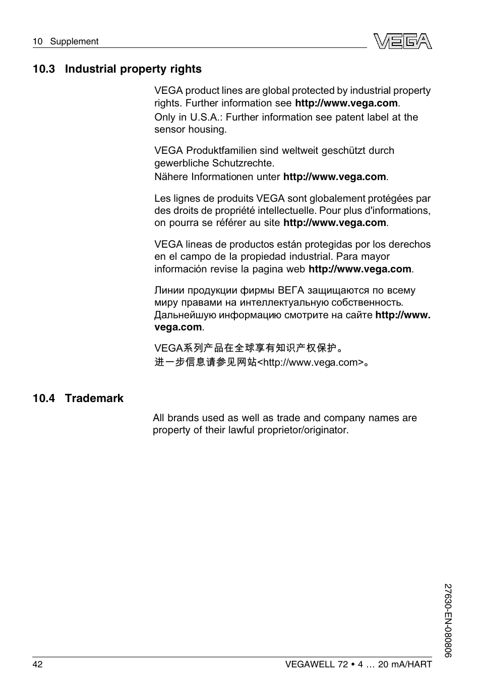 3 industrial property rights, 4 trademark | VEGA VEGAWELL 72 4 … 20 mA_HART User Manual | Page 42 / 44