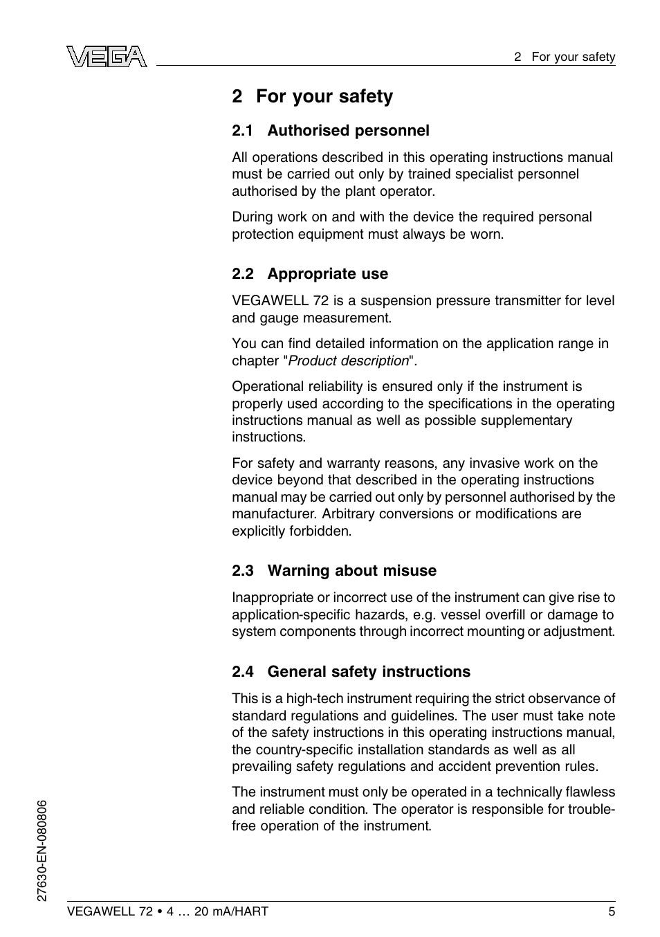 2 for your safety, 1 authorised personnel, 2 appropriate use | 3 warning about misuse, 4 general safety instructions, 2 f or your safety | VEGA VEGAWELL 72 4 … 20 mA_HART User Manual | Page 5 / 44