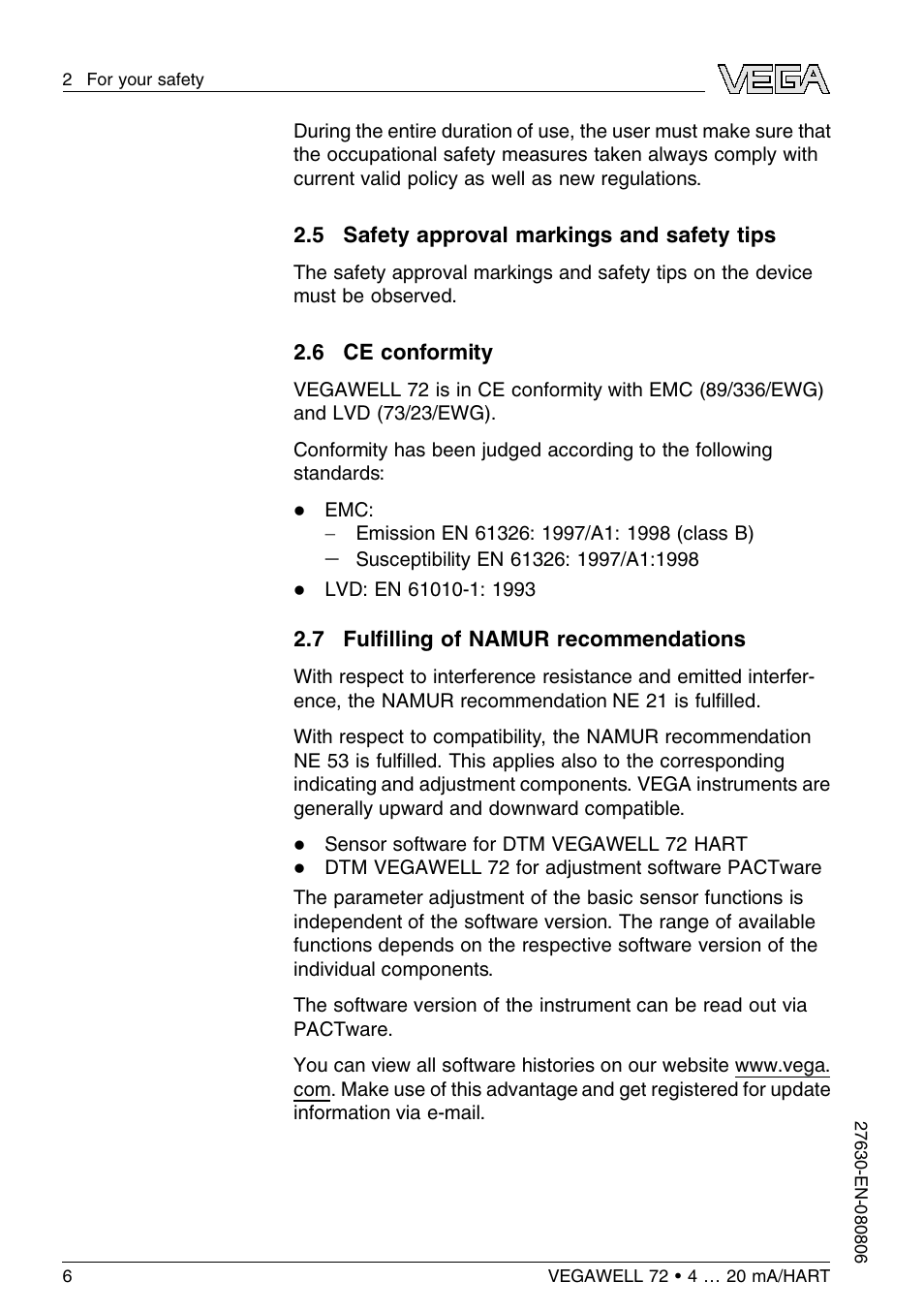 5 safety approval markings and safety tips, 6 ce conformity, 7 fulfilling of namur recommendations | VEGA VEGAWELL 72 4 … 20 mA_HART User Manual | Page 6 / 44