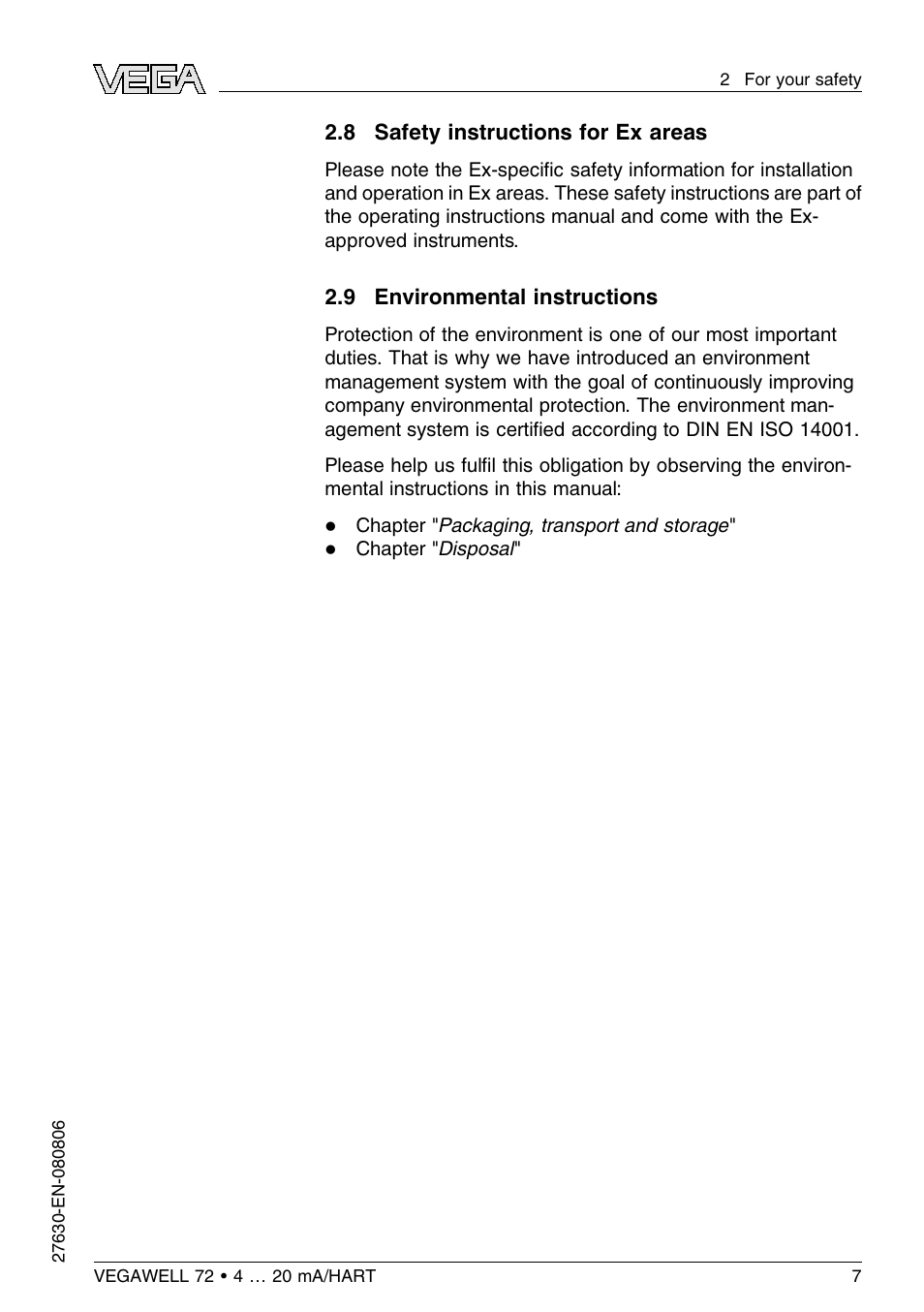 8 safety instructions for ex areas, 9 environmental instructions | VEGA VEGAWELL 72 4 … 20 mA_HART User Manual | Page 7 / 44