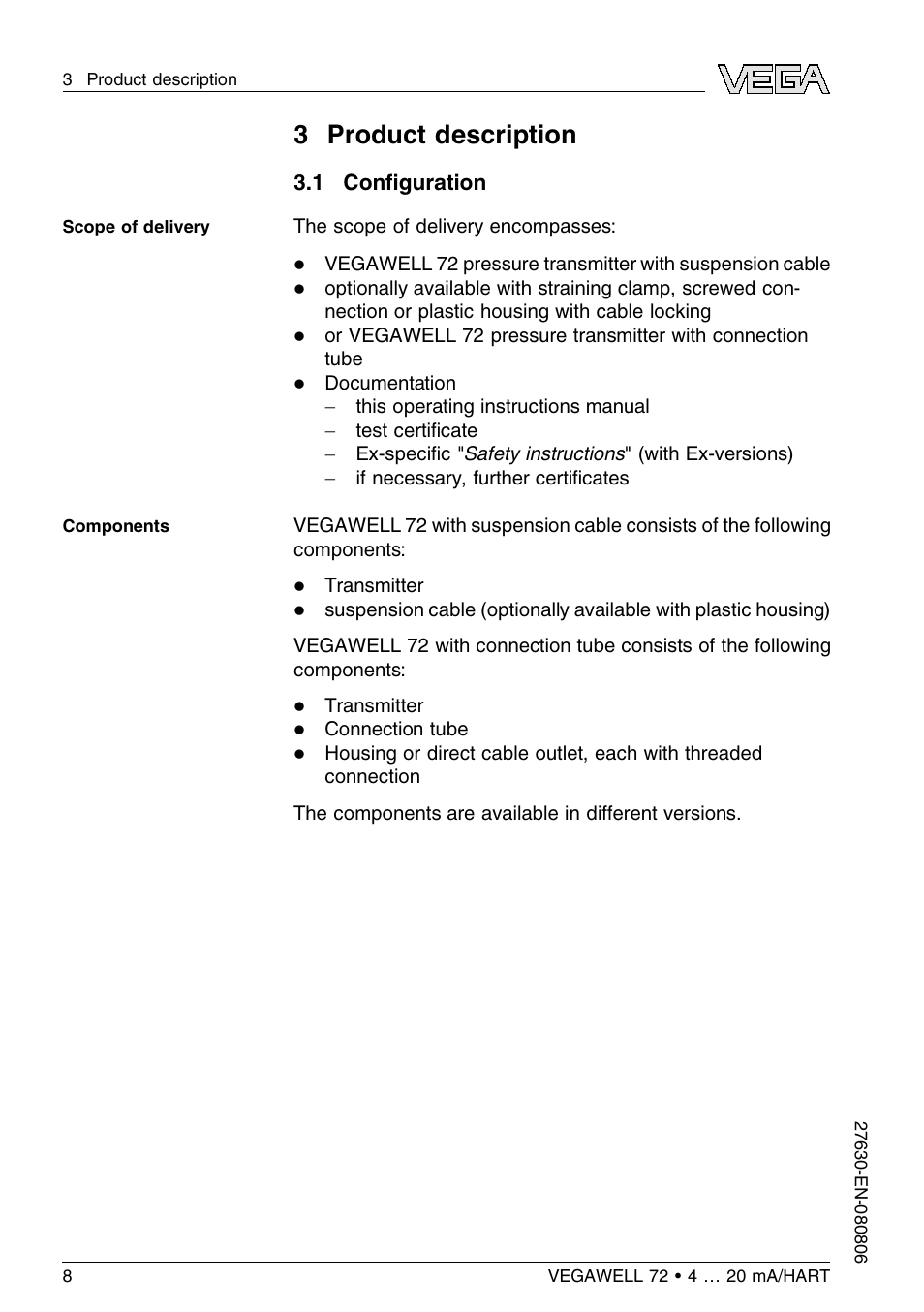 3 product description, 1 configuration, 3 p roduct description | VEGA VEGAWELL 72 4 … 20 mA_HART User Manual | Page 8 / 44