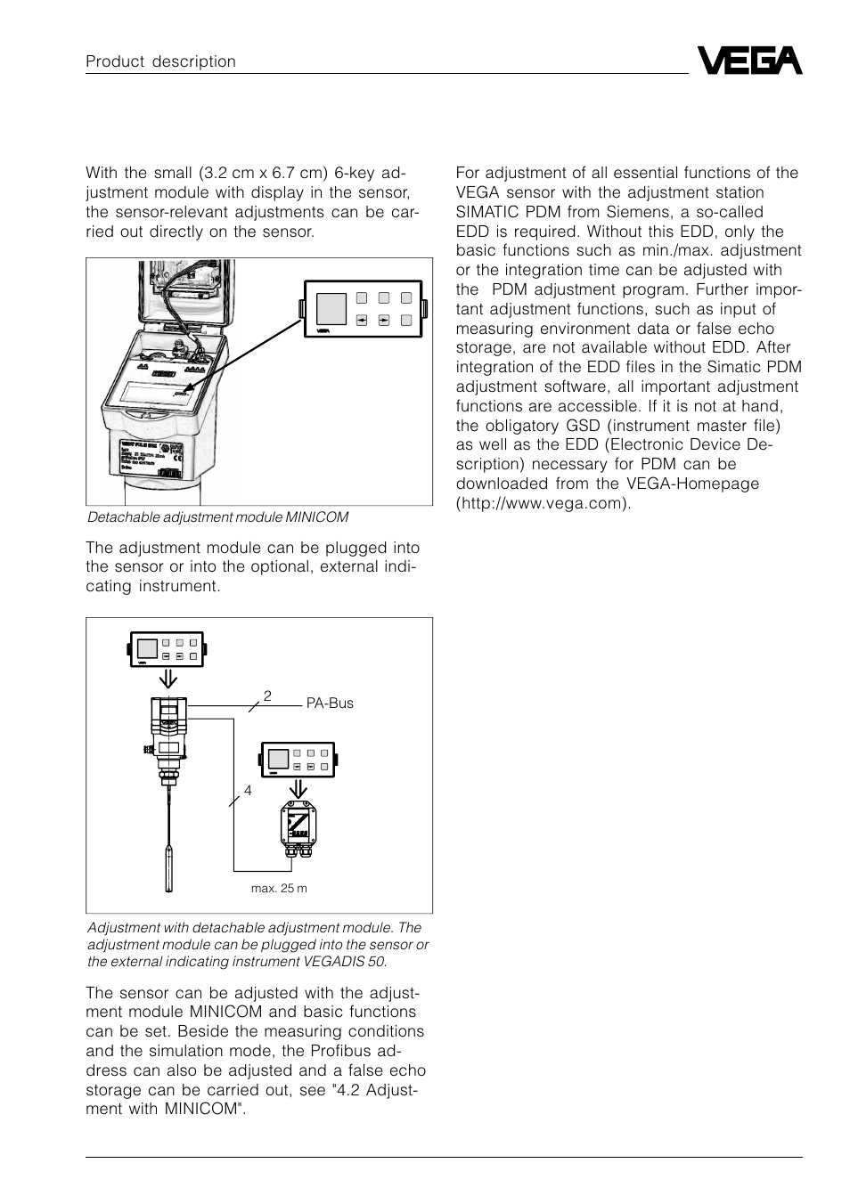 Adjustment with adjustment module minicom, Product description, 24 pa-bus | VEGA VEGAFLEX 52P (Profibus PA) User Manual | Page 9 / 56