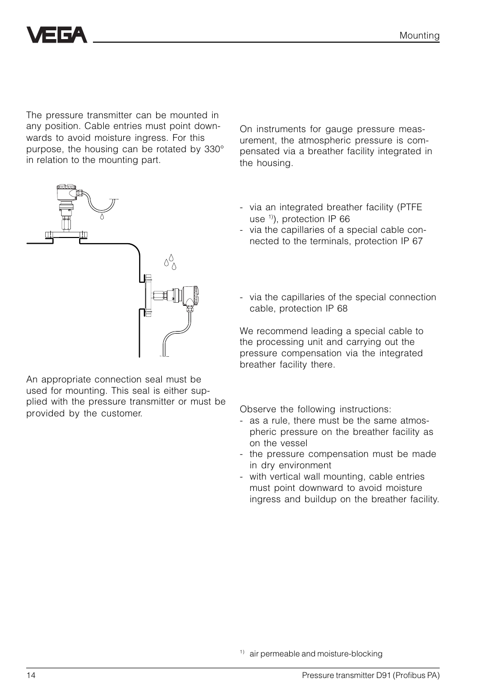 2 mounting, 1 mounting instructions, 2 compensation of the atmospheric pressure | 2 compensation of the atmos- pheric pressure | VEGA D91 Profibus PA User Manual | Page 14 / 36