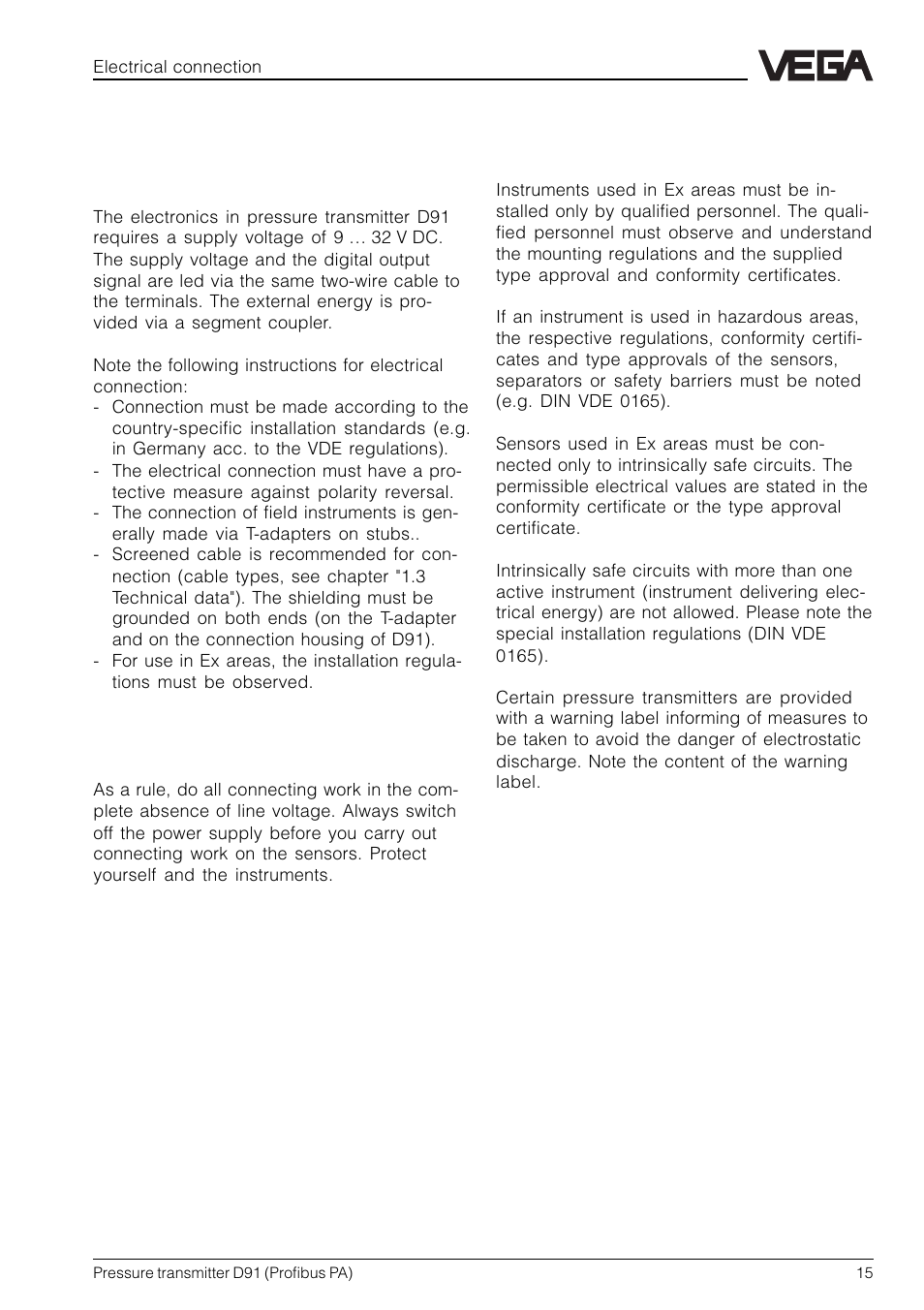 3 electrical connection, 1 connection instructions | VEGA D91 Profibus PA User Manual | Page 15 / 36