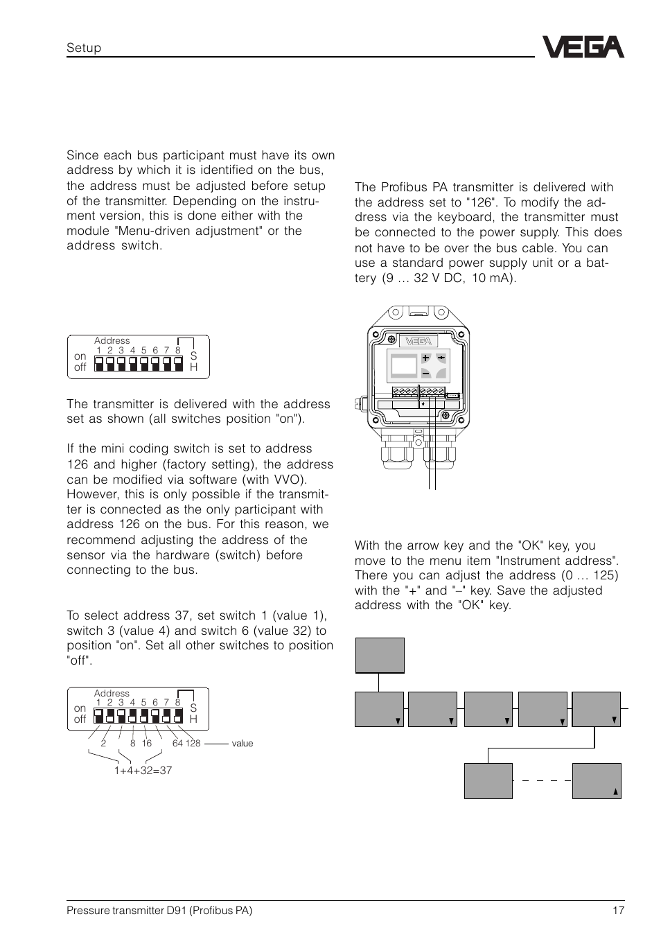 4 setup, 1 setting the profibus pa address, Address adjustment with the address switch | VEGA D91 Profibus PA User Manual | Page 17 / 36