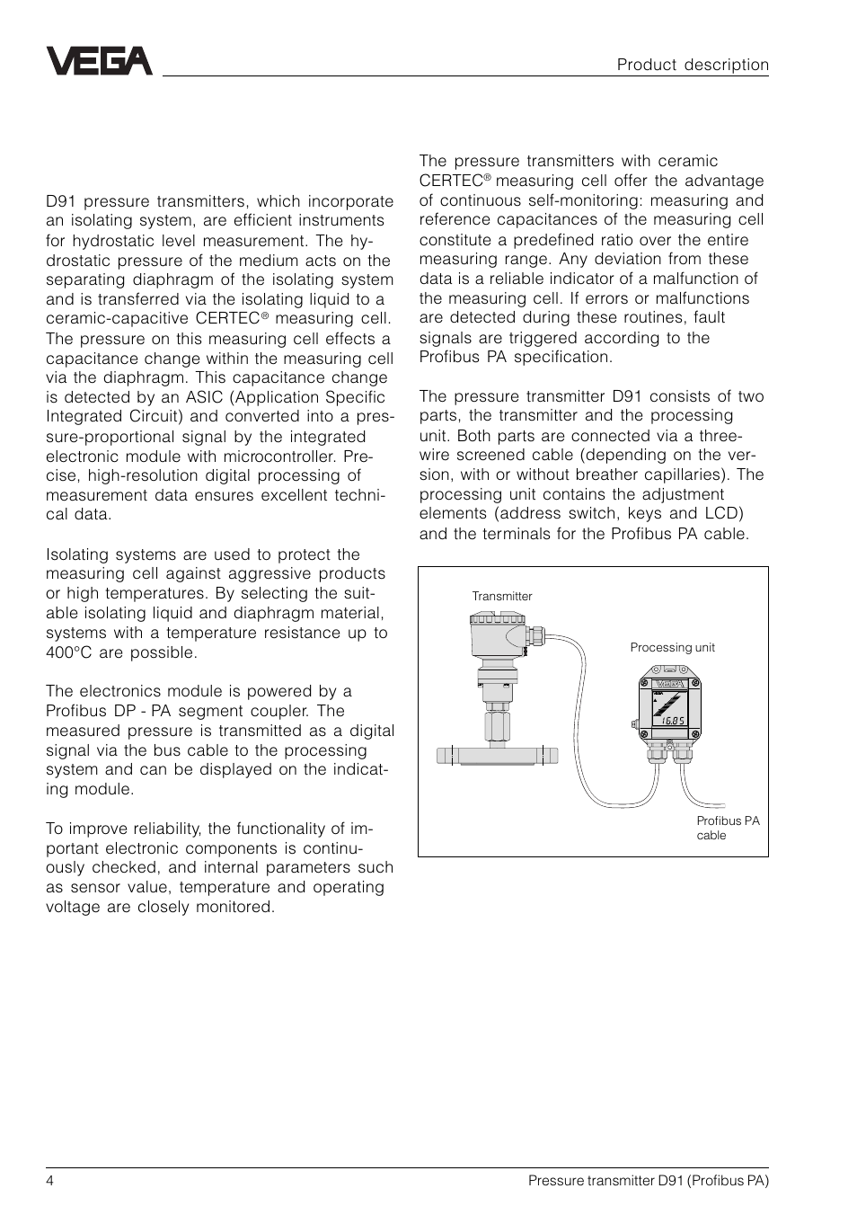 1 product description, 1 function and configuration | VEGA D91 Profibus PA User Manual | Page 4 / 36