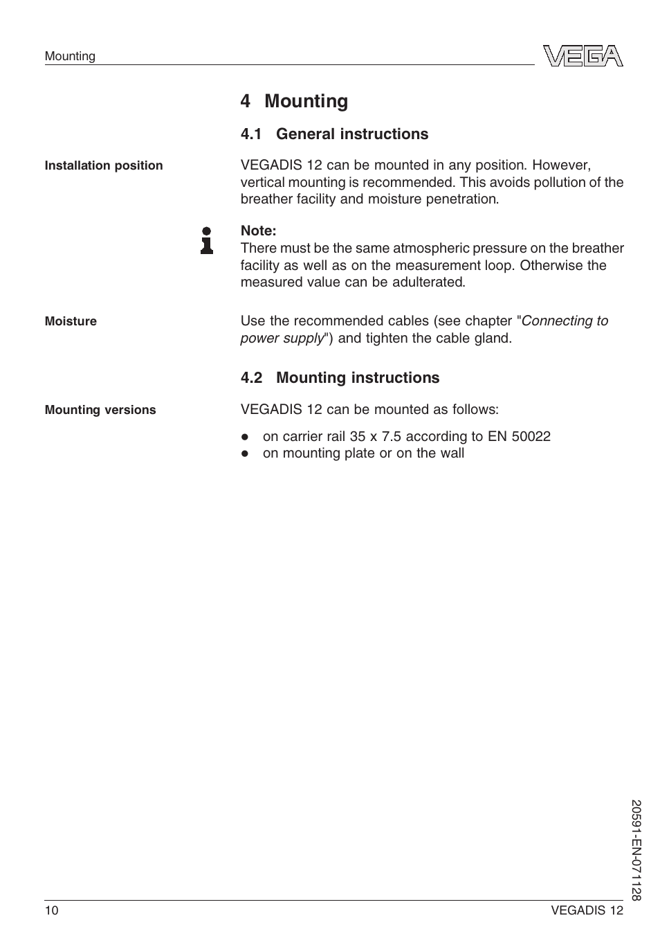 4 mounting, 1 general instructions, 2 mounting instructions | VEGA VEGADIS 12 User Manual | Page 10 / 28