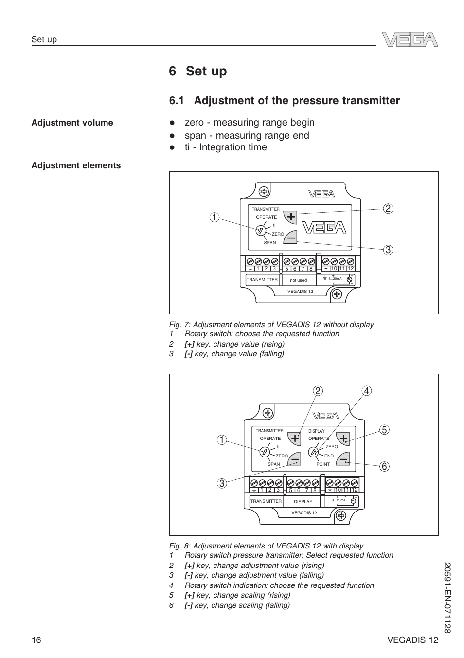 6 set up, 1 adjustment of the pressure transmitter, Zero - measuring range begin | Span - measuring range end, Ti - integration time 1 2 3 | VEGA VEGADIS 12 User Manual | Page 16 / 28