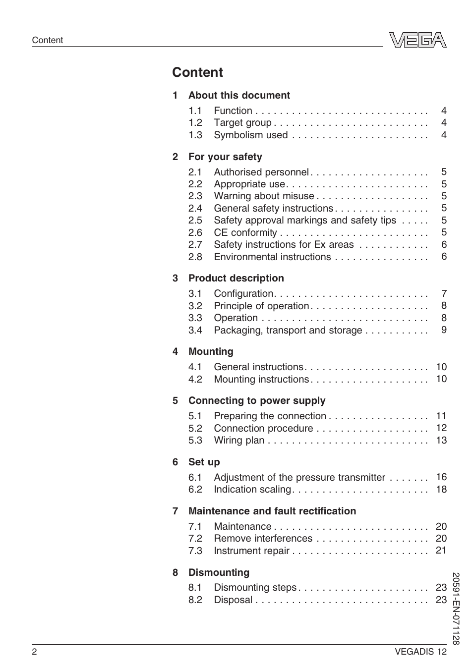 Content | VEGA VEGADIS 12 User Manual | Page 2 / 28