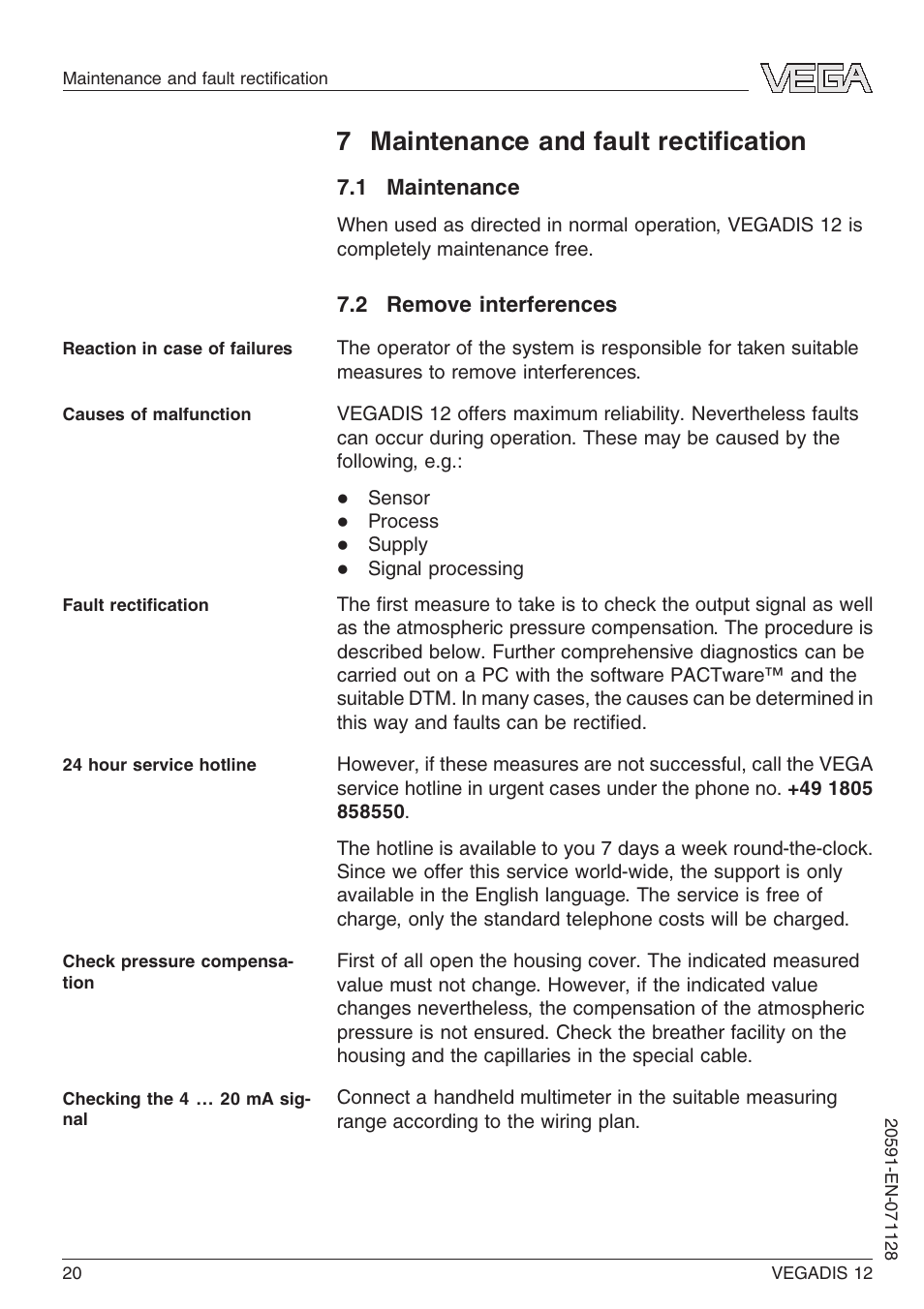 7 maintenance and fault rectification, 1 maintenance, 2 remove interferences | 7 maintenance and fault rectiﬁcation | VEGA VEGADIS 12 User Manual | Page 20 / 28