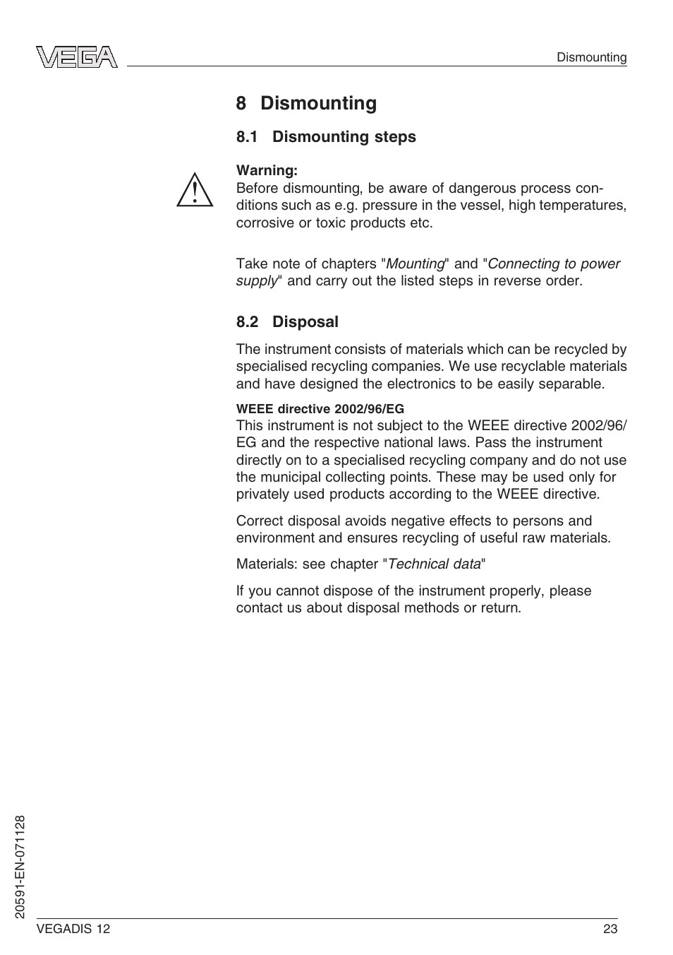 8 dismounting, 1 dismounting steps, 2 disposal | VEGA VEGADIS 12 User Manual | Page 23 / 28