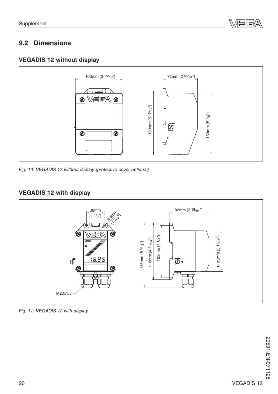 2 dimensions, Vegadis 12 without display, Vegadis 12 with display | VEGA VEGADIS 12 User Manual | Page 26 / 28
