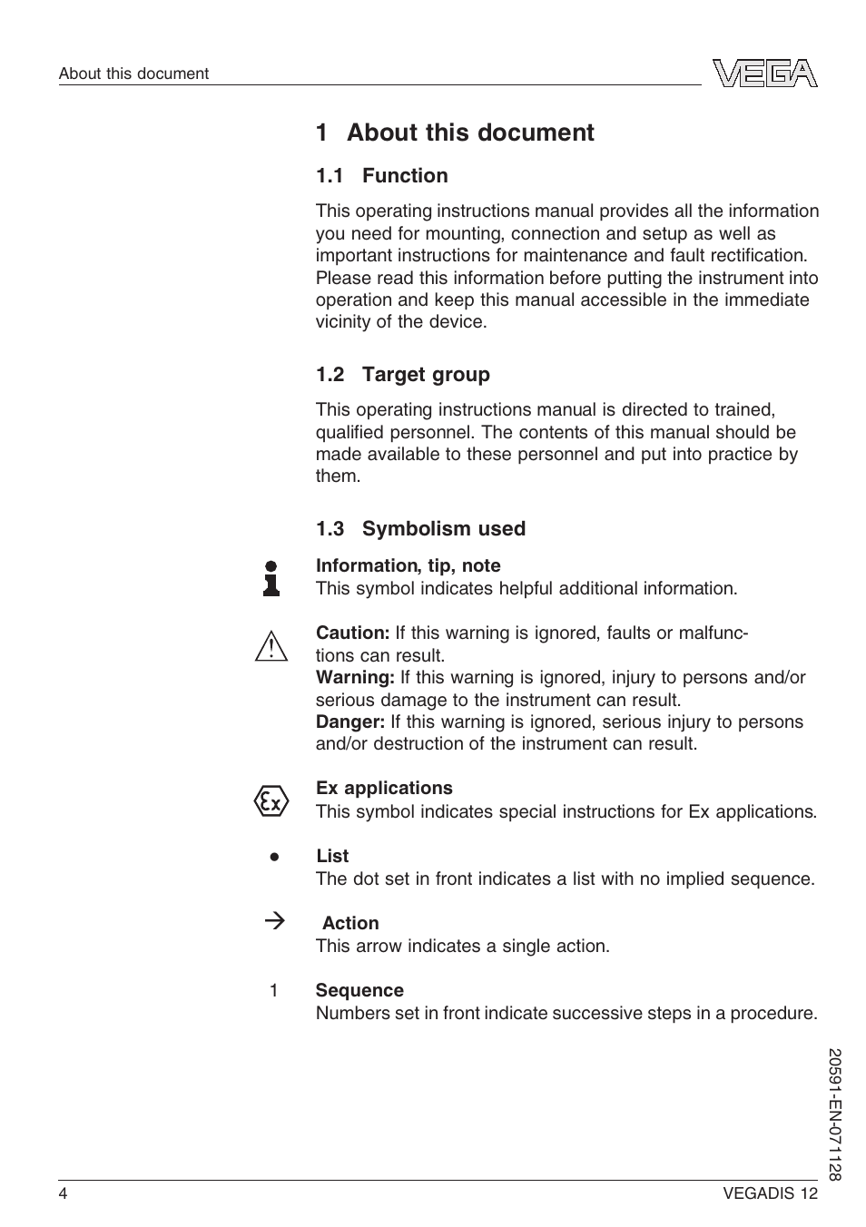 1 about this document, 1 function, 2 target group | 3 symbolism used | VEGA VEGADIS 12 User Manual | Page 4 / 28