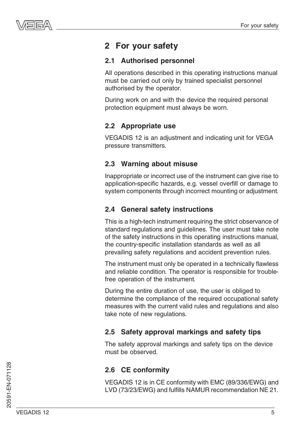 2 for your safety, 1 authorised personnel, 2 appropriate use | 3 warning about misuse, 4 general safety instructions, 5 safety approval markings and safety tips, 6 ce conformity | VEGA VEGADIS 12 User Manual | Page 5 / 28