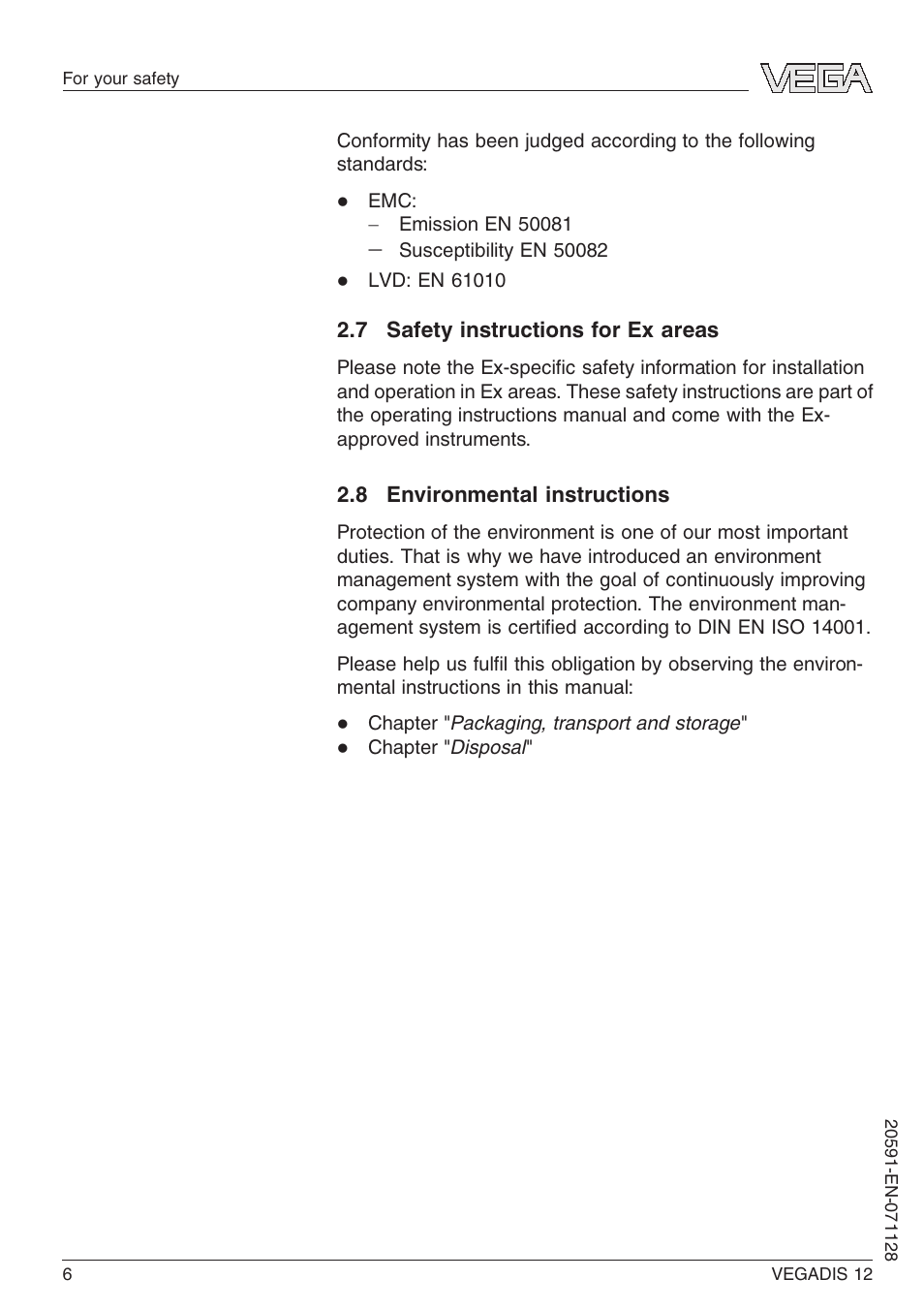 7 safety instructions for ex areas, 8 environmental instructions | VEGA VEGADIS 12 User Manual | Page 6 / 28