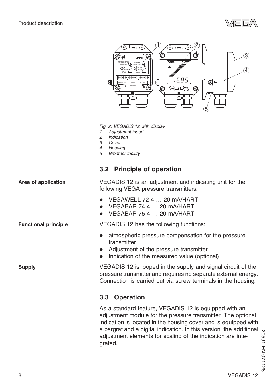 2 principle of operation, 3 operation, Adjustment of the pressure transmitter | VEGA VEGADIS 12 User Manual | Page 8 / 28