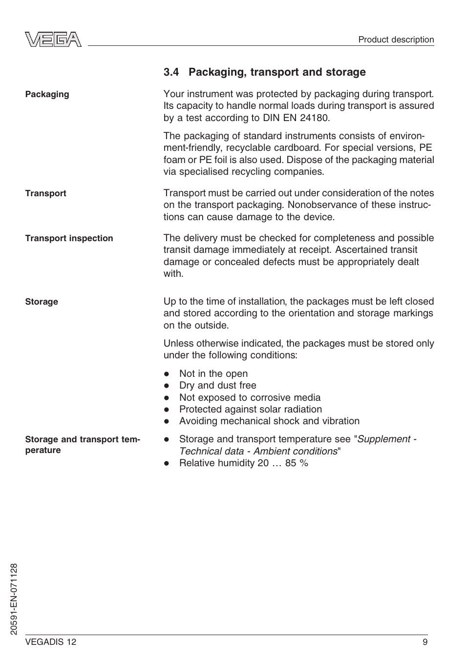 4 packaging, transport and storage | VEGA VEGADIS 12 User Manual | Page 9 / 28