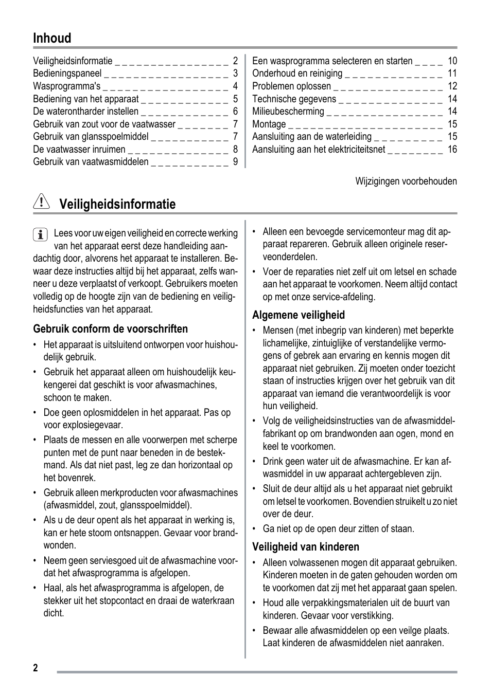 Inhoud, Veiligheidsinformatie | ZANKER ZKI1530 User Manual | Page 2 / 68