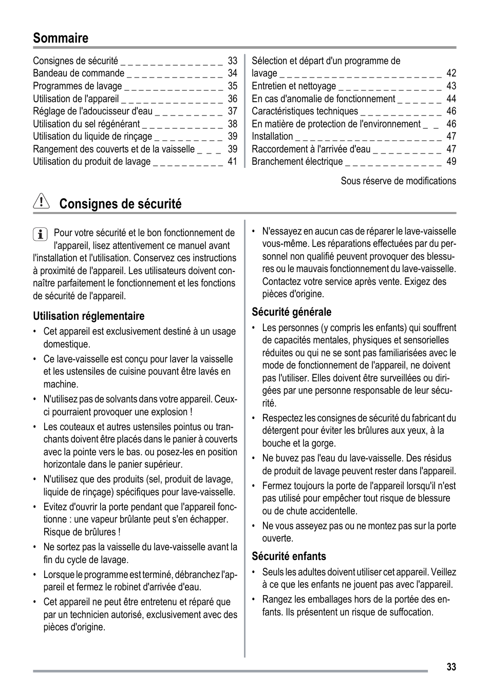 Sommaire, Consignes de sécurité | ZANKER ZKI1530 User Manual | Page 33 / 68