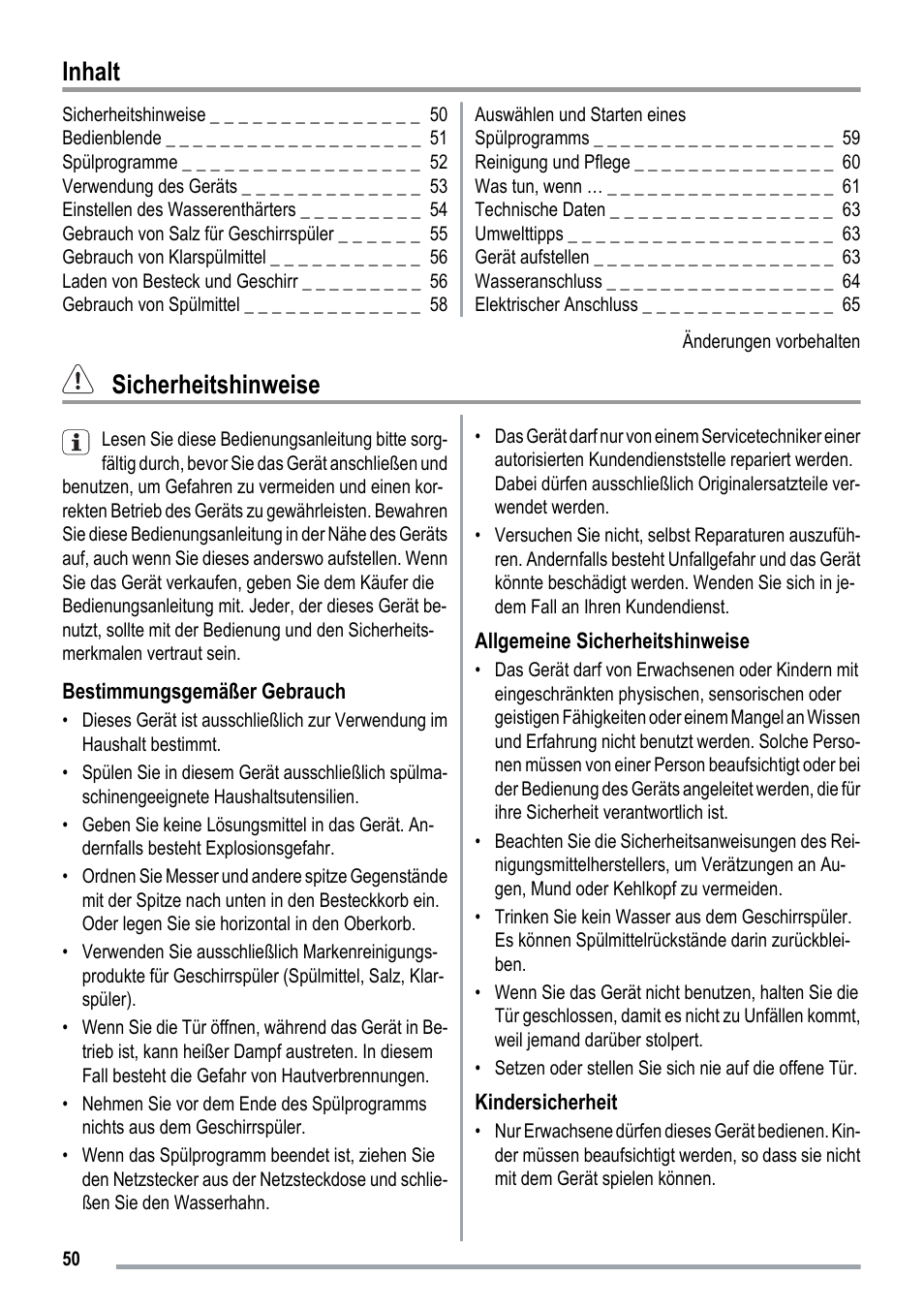 Inhalt, Sicherheitshinweise | ZANKER ZKI1530 User Manual | Page 50 / 68