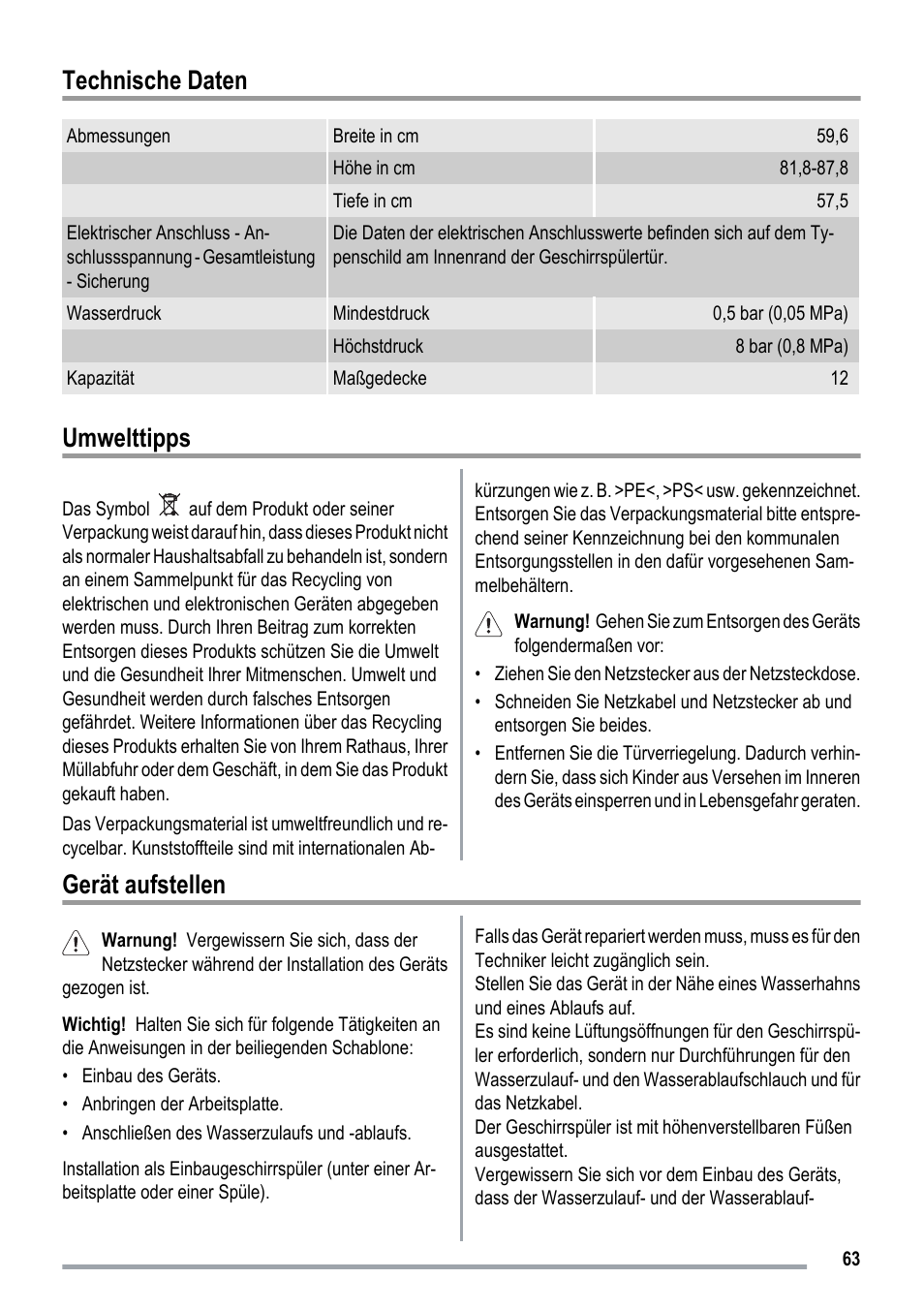 Technische daten, Umwelttipps, Gerät aufstellen | ZANKER ZKI1530 User Manual | Page 63 / 68