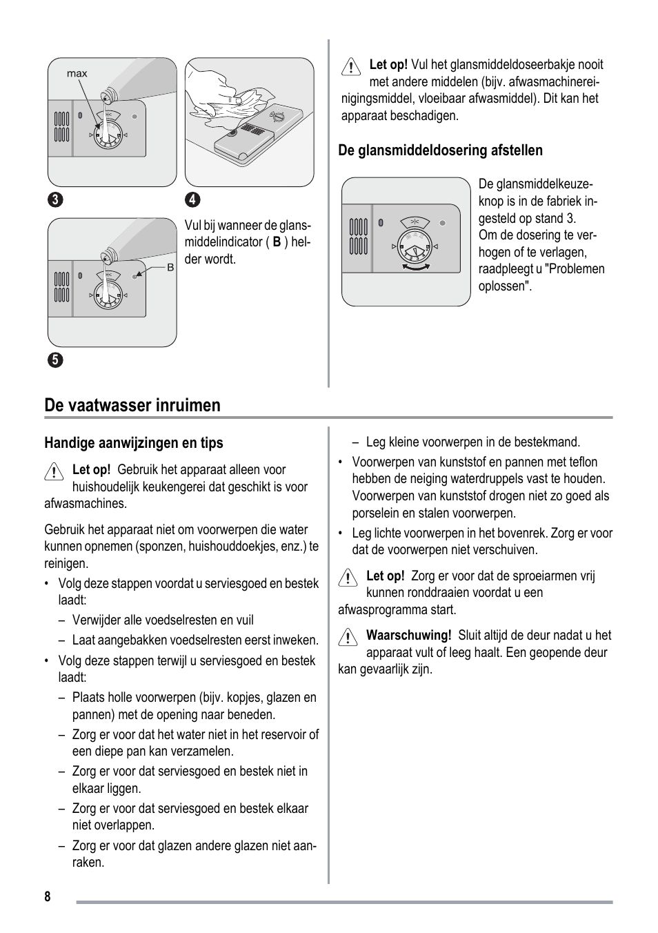 De vaatwasser inruimen, De glansmiddeldosering afstellen, Handige aanwijzingen en tips | ZANKER ZKI1530 User Manual | Page 8 / 68