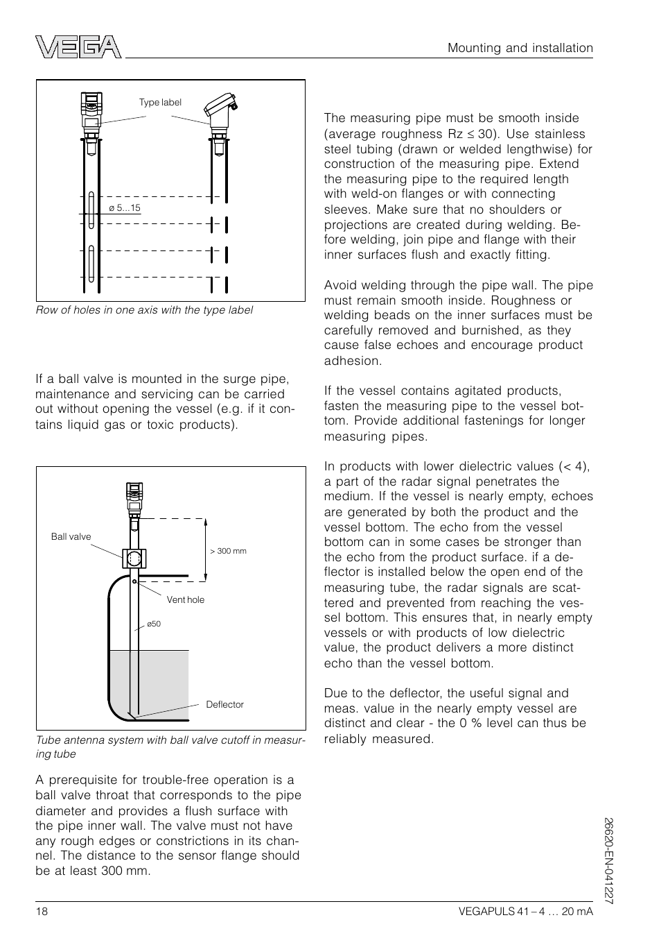 Guidelines for standpipe construction, Surge pipe with ball valve | VEGA VEGAPULS 41 4 … 20 mA; HART compact sensor User Manual | Page 18 / 68