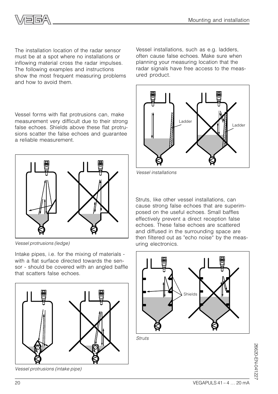 4 false echoes, Vessel installations, Struts | Vessel protrusions | VEGA VEGAPULS 41 4 … 20 mA; HART compact sensor User Manual | Page 20 / 68