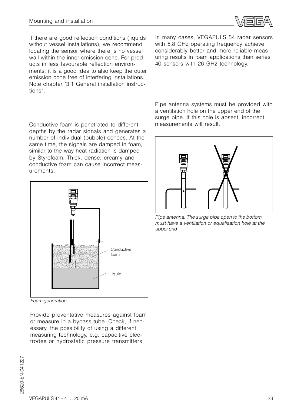 Standpipe installation mistakes, Foam generation | VEGA VEGAPULS 41 4 … 20 mA; HART compact sensor User Manual | Page 23 / 68