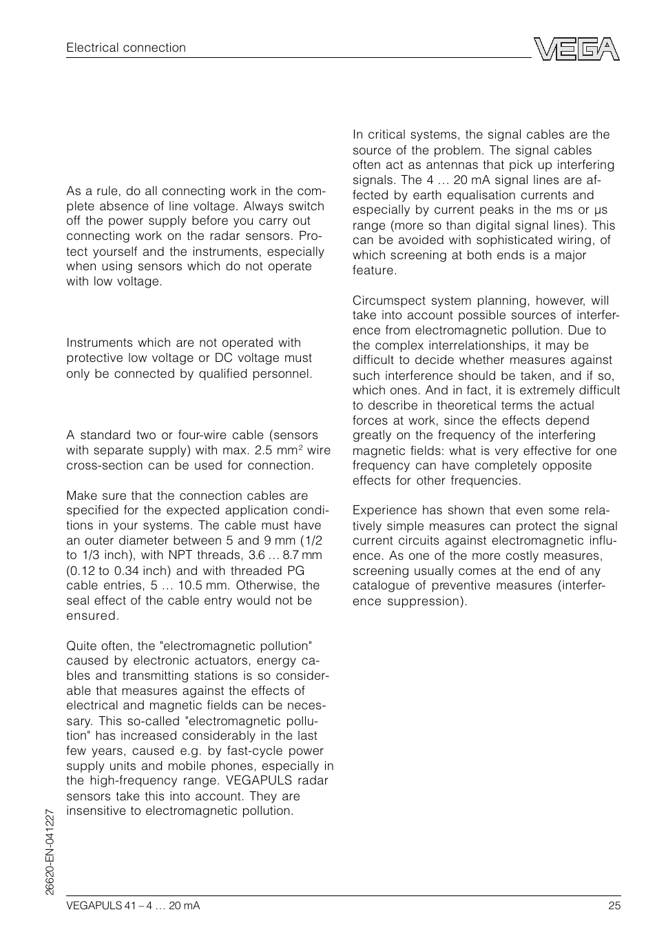3 electrical connection, 1 connection and connection cable | VEGA VEGAPULS 41 4 … 20 mA; HART compact sensor User Manual | Page 25 / 68