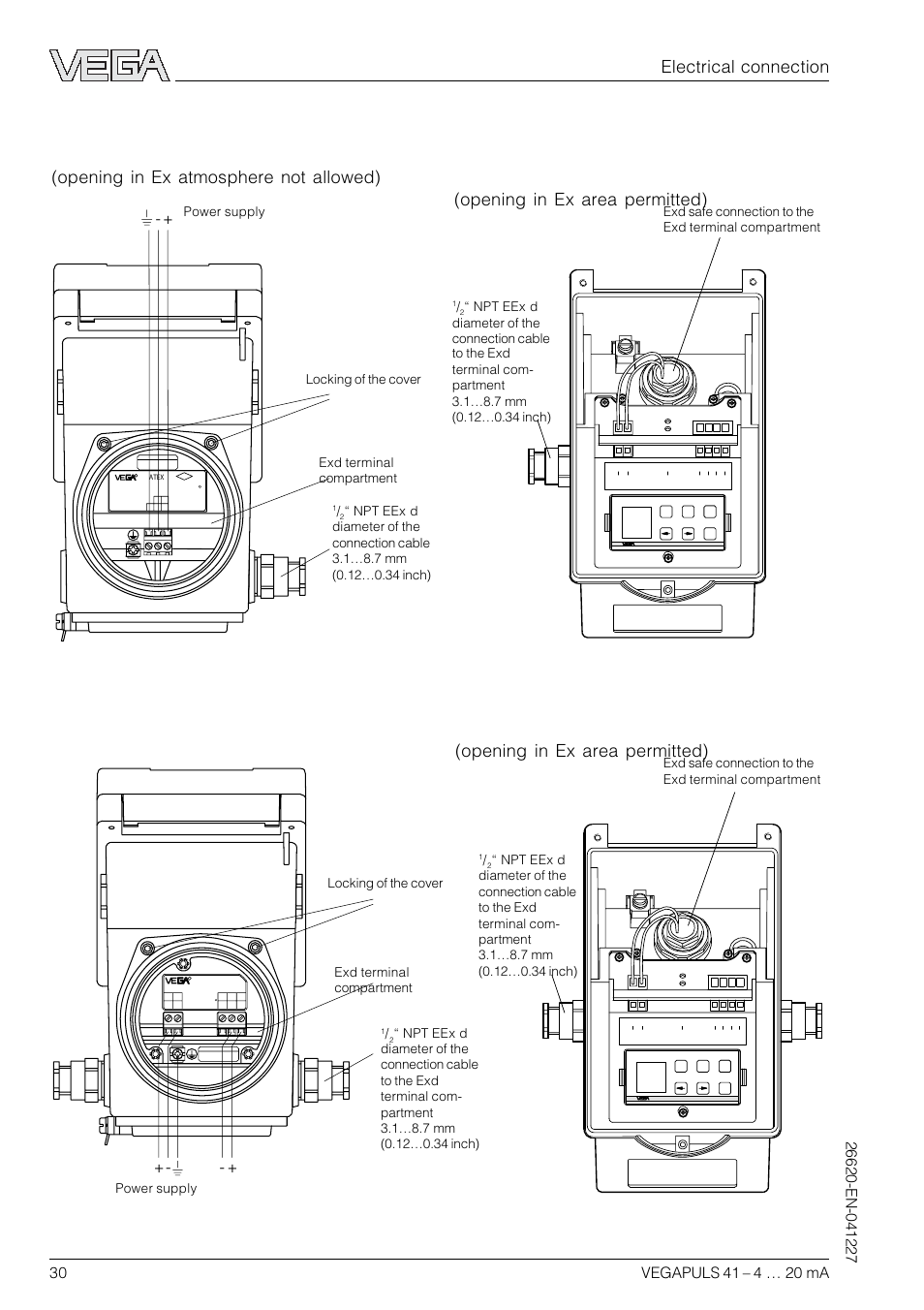 Electrical connection, 4 ma, Exd terminal compartment | VEGA VEGAPULS 41 4 … 20 mA; HART compact sensor User Manual | Page 30 / 68