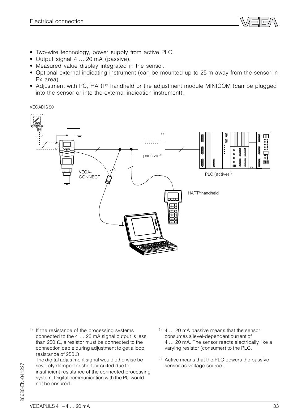 Measuring system with vegapuls 41 on active plc, Electrical connection | VEGA VEGAPULS 41 4 … 20 mA; HART compact sensor User Manual | Page 33 / 68