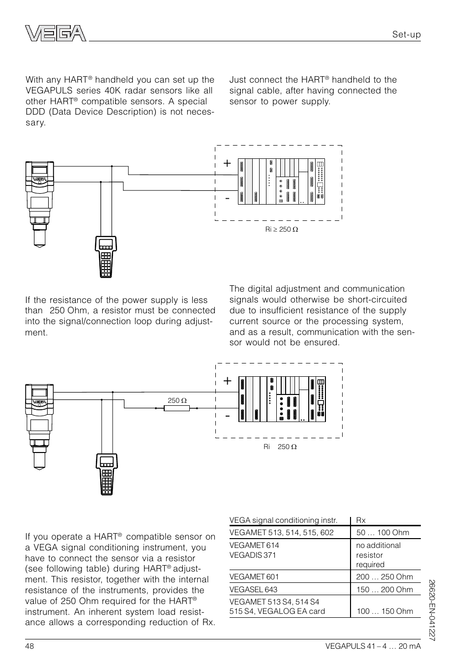 4 adjustment with hart® handheld, 4 adjustment with hart, Handheld | VEGA VEGAPULS 41 4 … 20 mA; HART compact sensor User Manual | Page 48 / 68