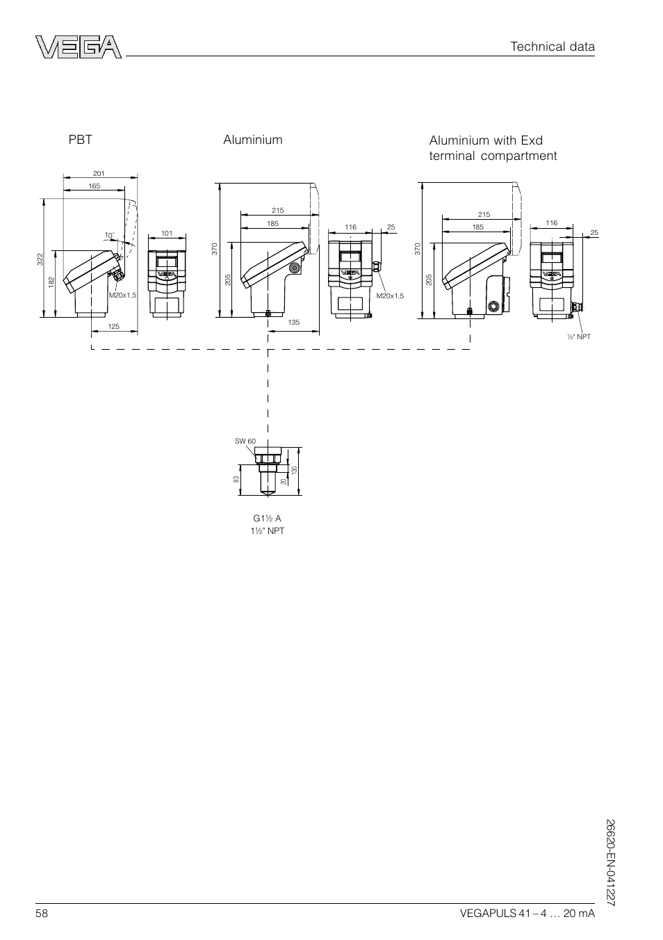 Sensor dimensions, Technical data | VEGA VEGAPULS 41 4 … 20 mA; HART compact sensor User Manual | Page 58 / 68